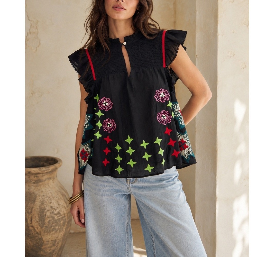 CHUFY Northern Lights Embroidered Smocked Ruffle Flutter Sleeve Top Folk Art